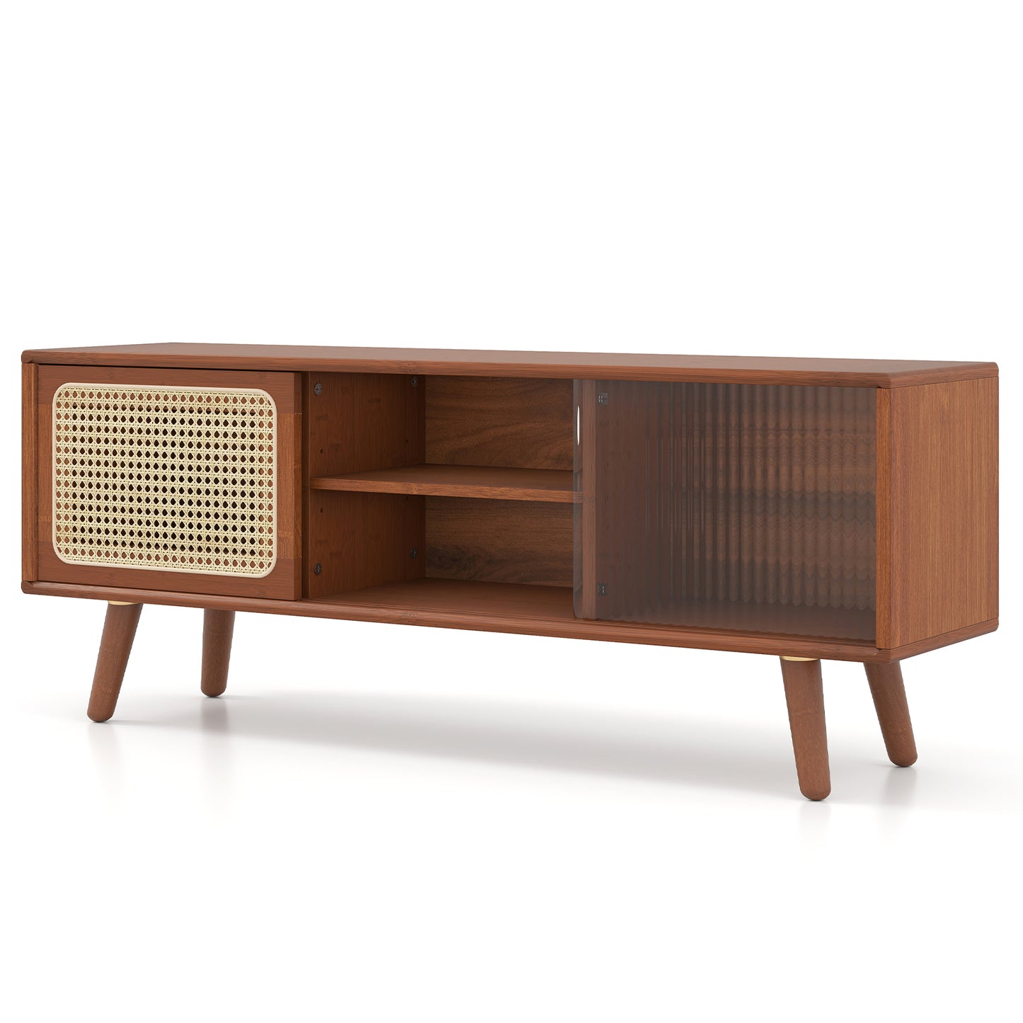 Modern TV Stand with Rattan and Corrugated Glass Sliding Doors for TVs up to 55 Inches - Brown