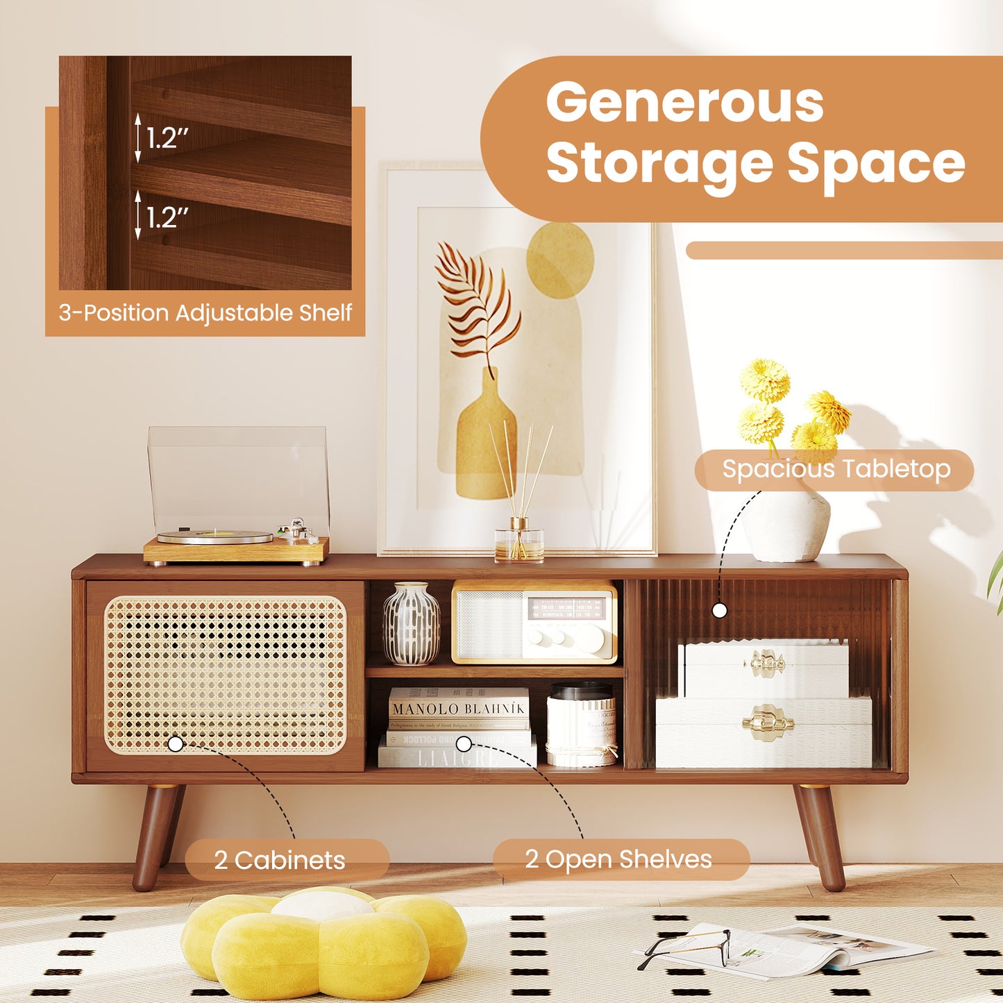 Modern TV Stand with Rattan and Corrugated Glass Sliding Doors for TVs up to 55 Inches - Brown