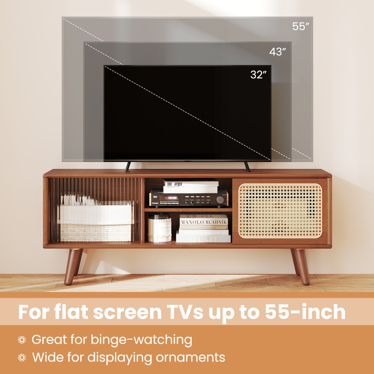 Modern TV Stand with Rattan and Corrugated Glass Sliding Doors for TVs up to 55 Inches - Brown