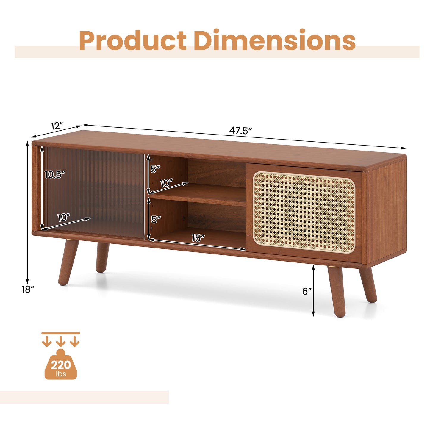Modern TV Stand with Rattan and Corrugated Glass Sliding Doors for TVs up to 55 Inches - Brown
