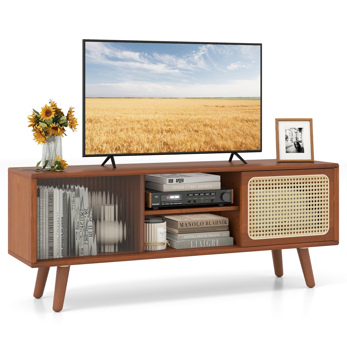Modern TV Stand with Rattan and Corrugated Glass Sliding Doors for TVs up to 55 Inches - Brown