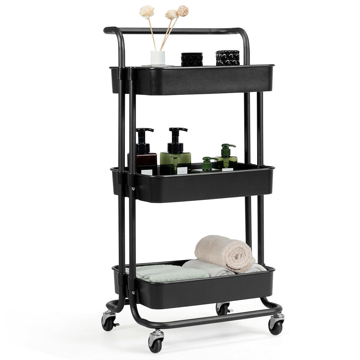 3 Tier Rolling Storage Cart with Drawers and Locking Wheels for Kitchen Bathroom Office - Black