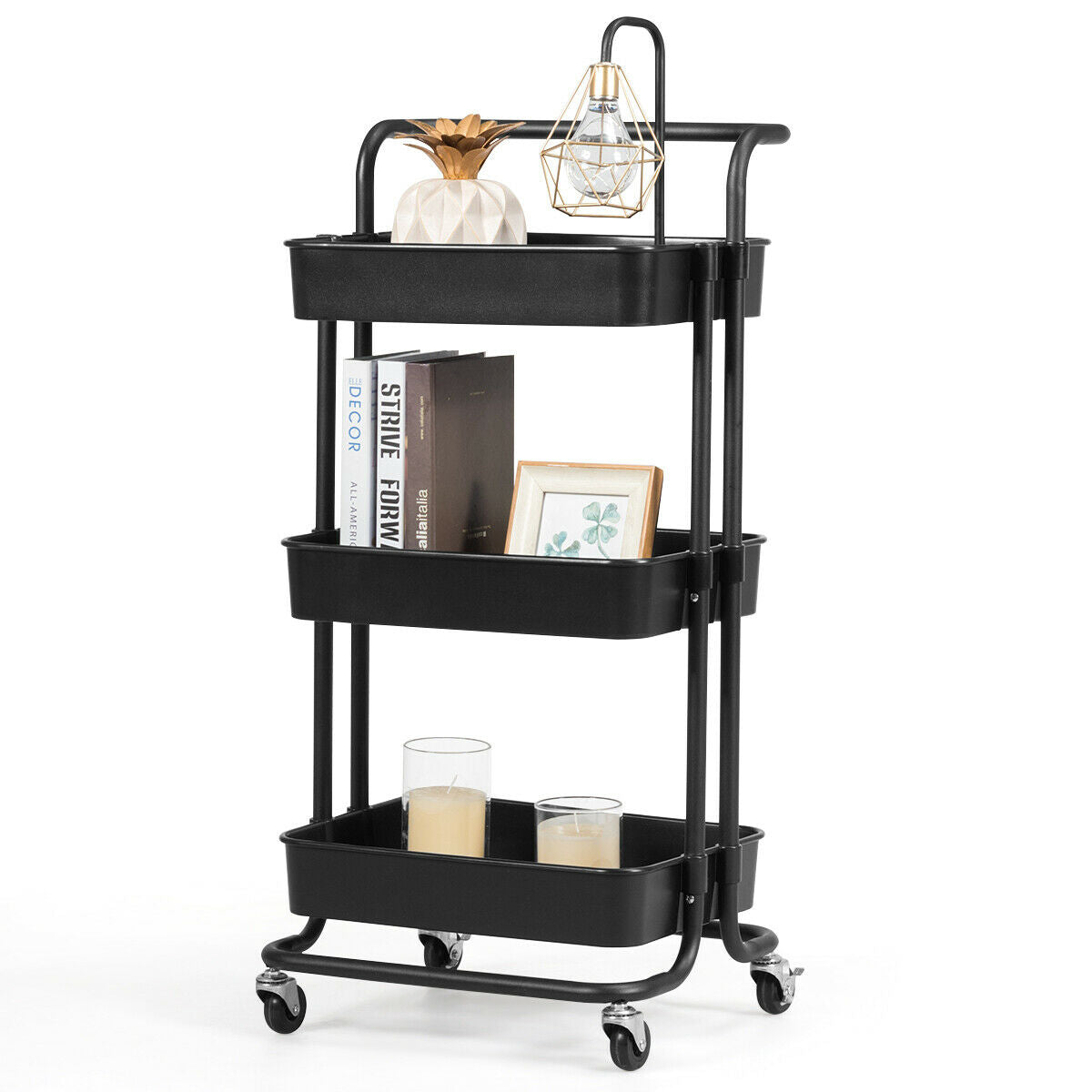 3 Tier Rolling Storage Cart with Drawers and Locking Wheels for Kitchen Bathroom Office - Black