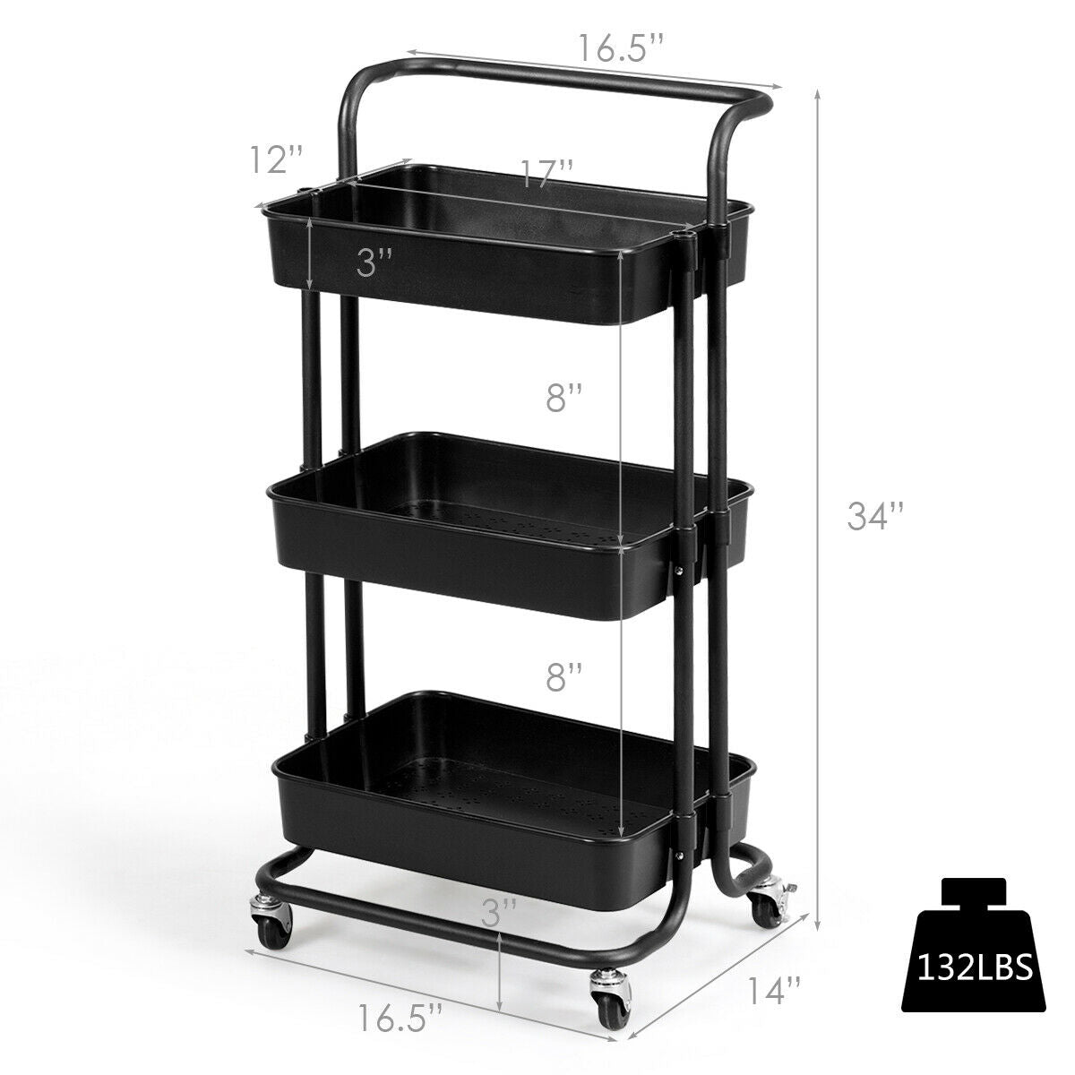 3 Tier Rolling Storage Cart with Drawers and Locking Wheels for Kitchen Bathroom Office - Black