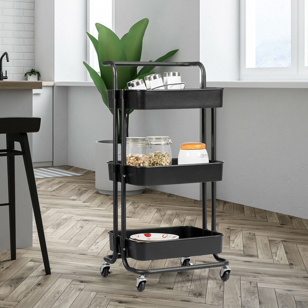 3 Tier Rolling Storage Cart with Drawers and Locking Wheels for Kitchen Bathroom Office - Black