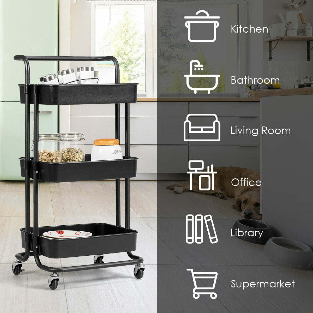 3 Tier Rolling Storage Cart with Drawers and Locking Wheels for Kitchen Bathroom Office - Black
