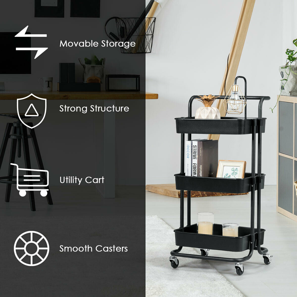3 Tier Rolling Storage Cart with Drawers and Locking Wheels for Kitchen Bathroom Office - Black
