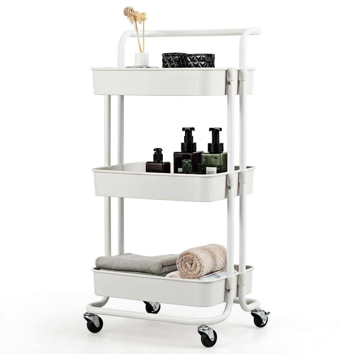 3 Tier Rolling Storage Cart with Drawers and Locking Wheels for Kitchen Bathroom Office - White
