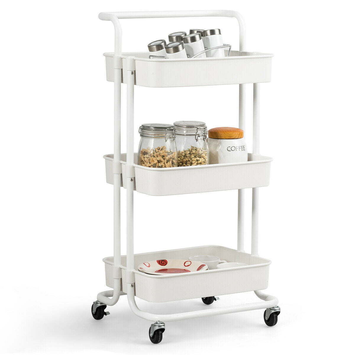 3 Tier Rolling Storage Cart with Drawers and Locking Wheels for Kitchen Bathroom Office - White