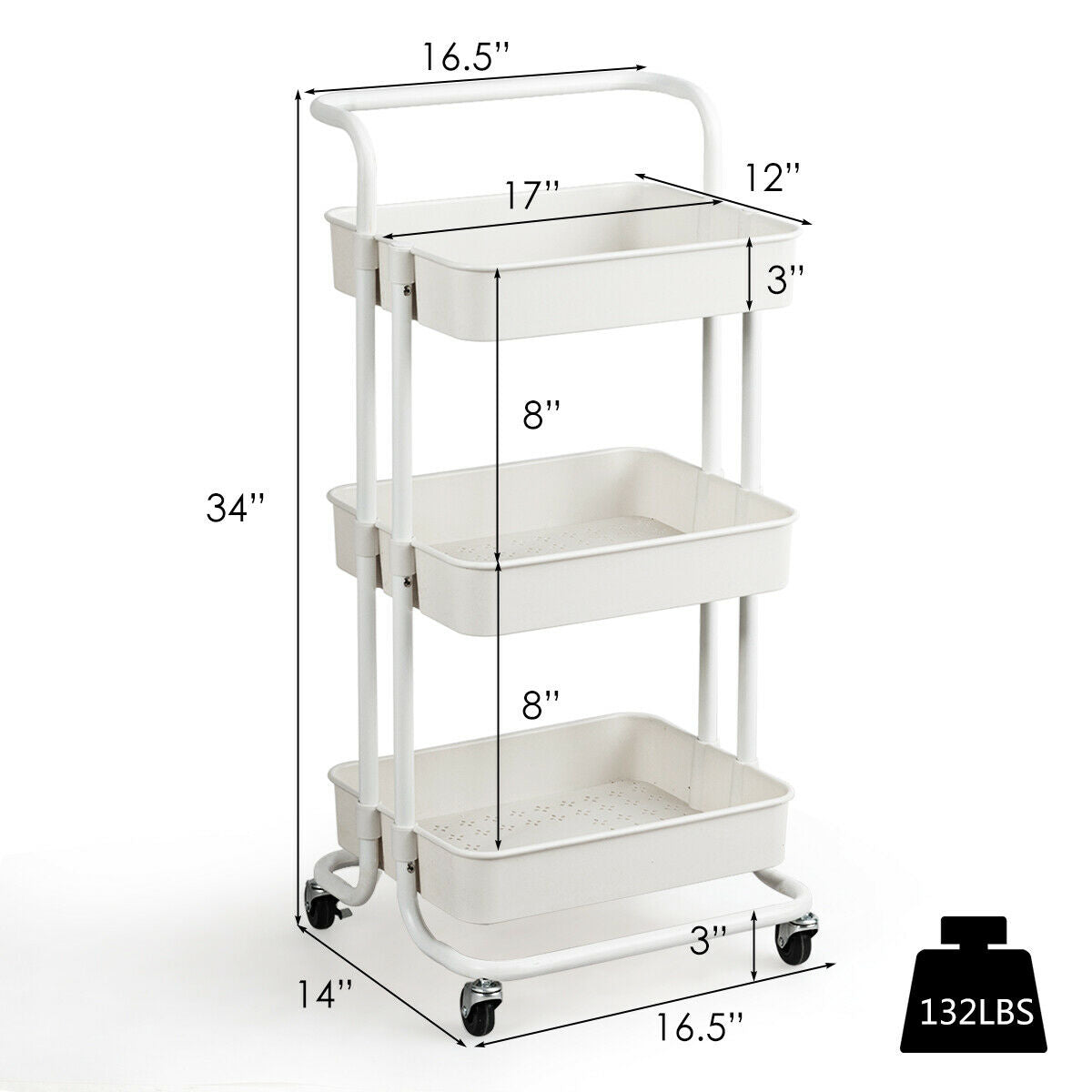 3 Tier Rolling Storage Cart with Drawers and Locking Wheels for Kitchen Bathroom Office - White