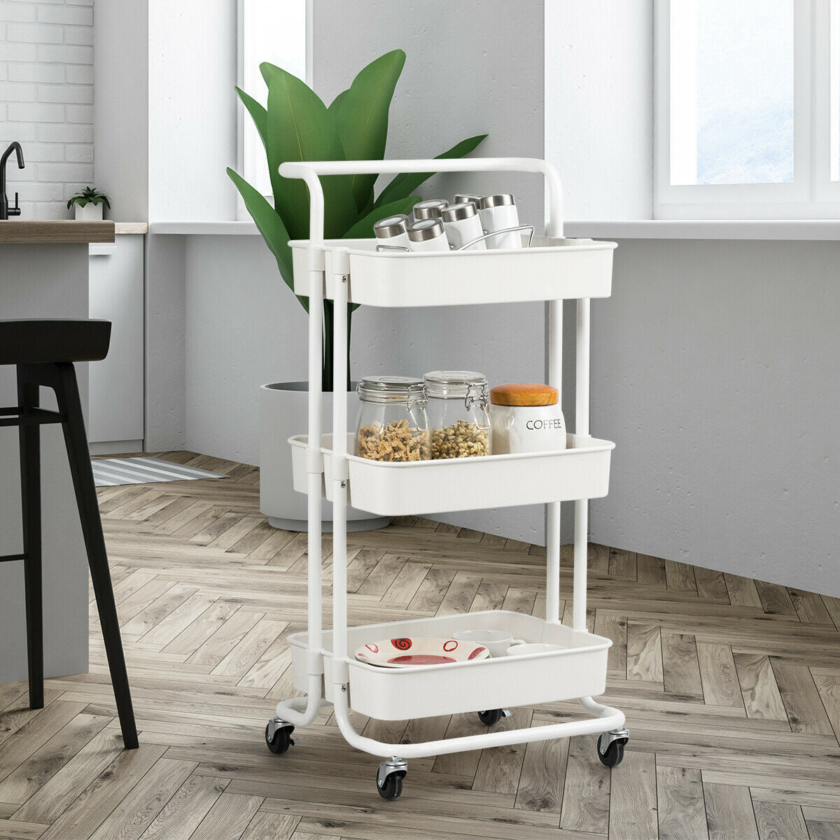 3 Tier Rolling Storage Cart with Drawers and Locking Wheels for Kitchen Bathroom Office - White