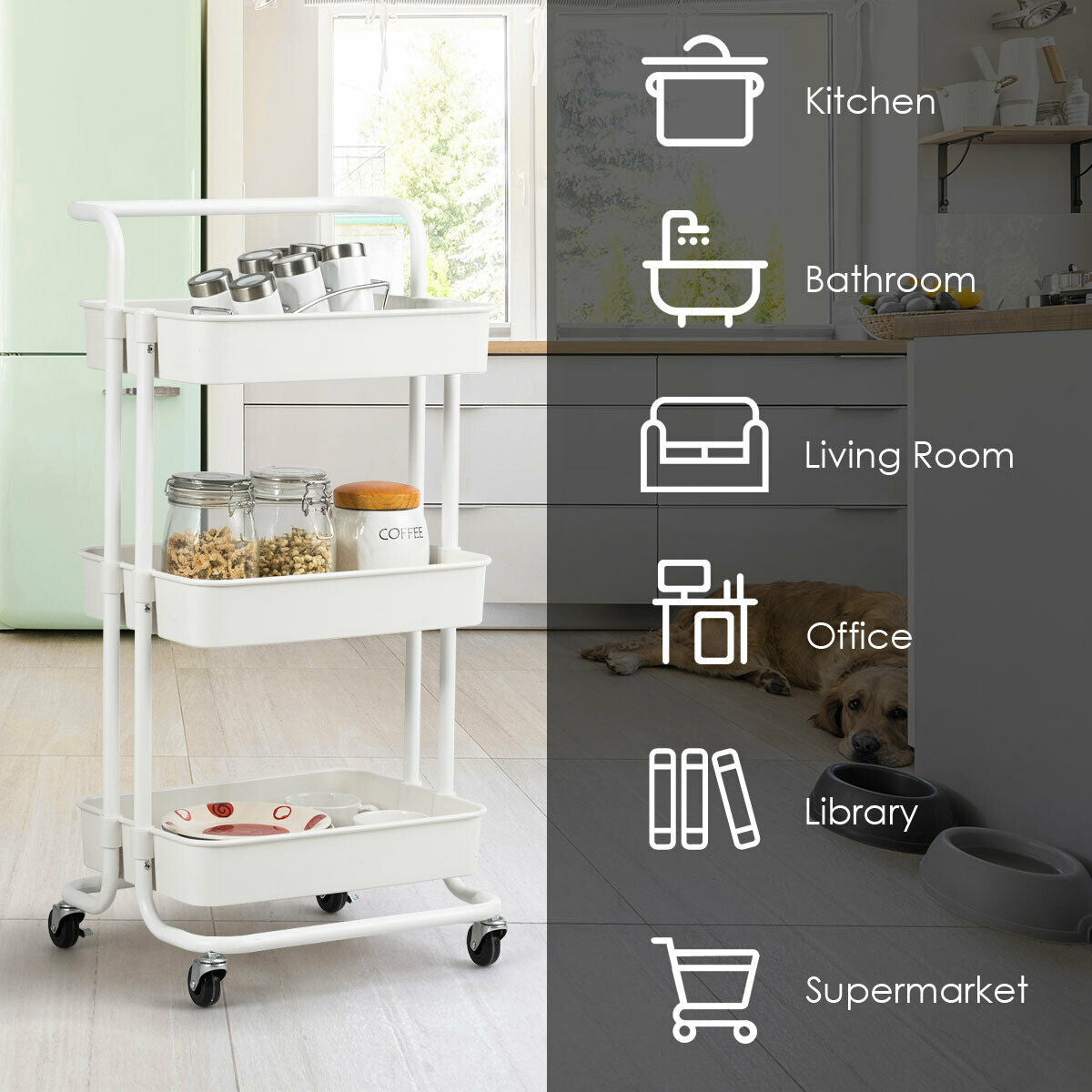 3 Tier Rolling Storage Cart with Drawers and Locking Wheels for Kitchen Bathroom Office - White