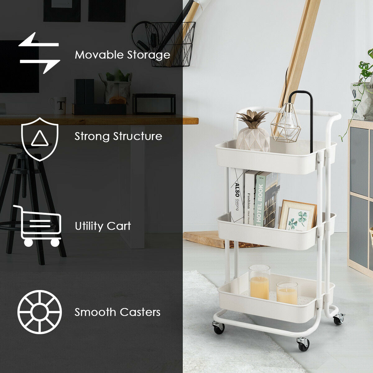 3 Tier Rolling Storage Cart with Drawers and Locking Wheels for Kitchen Bathroom Office - White