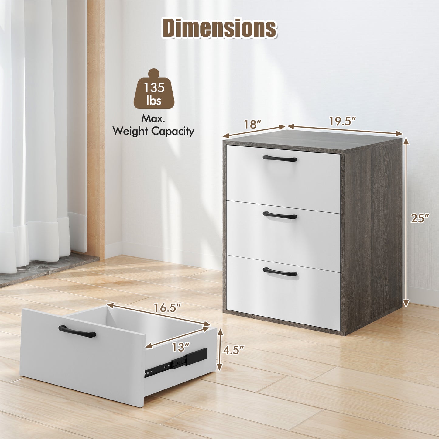 Modern 3-Drawer Dresser Nightstand with Storage and Smooth Slide-Out Drawers