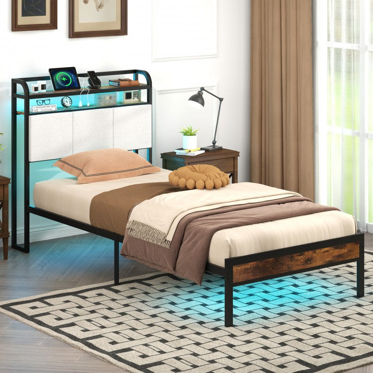 Modern Upholstered Platform Bed Frame with LED Lights, Charging Station, and Storage Headboard – Twin Size