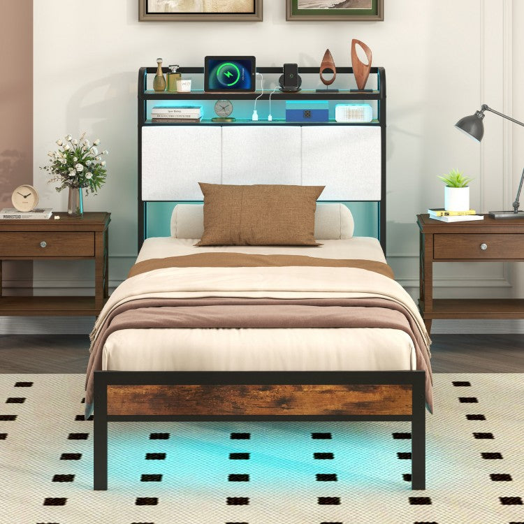 Modern Upholstered Platform Bed Frame with LED Lights, Charging Station, and Storage Headboard – Twin Size