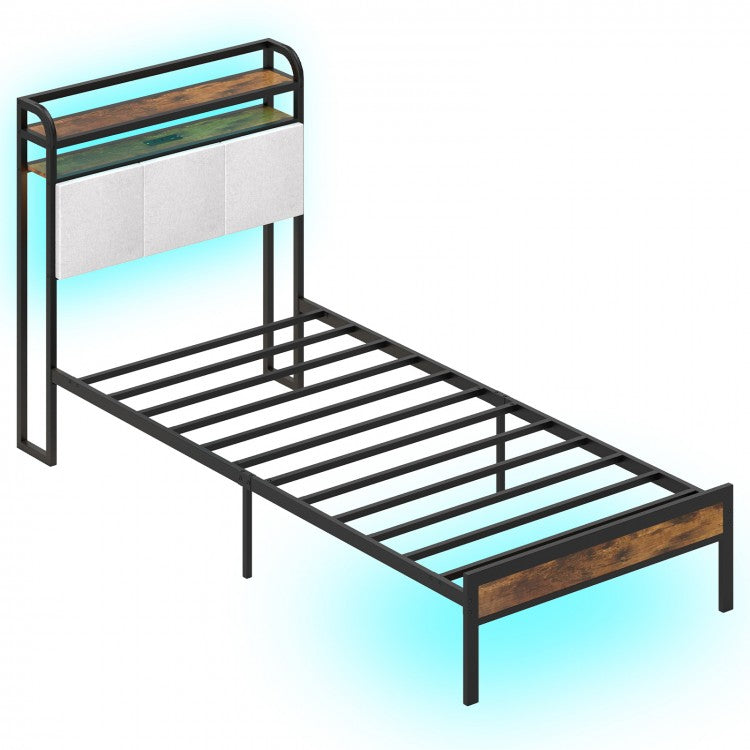 Modern Upholstered Platform Bed Frame with LED Lights, Charging Station, and Storage Headboard – Twin Size