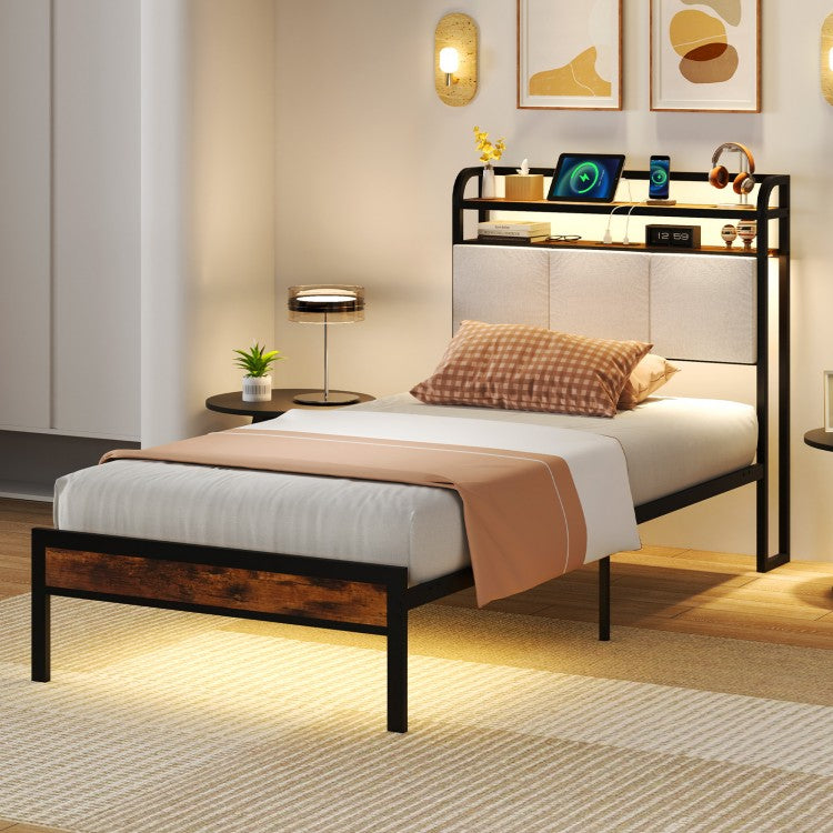 Modern Upholstered Platform Bed Frame with LED Lights, Charging Station, and Storage Headboard – Twin Size