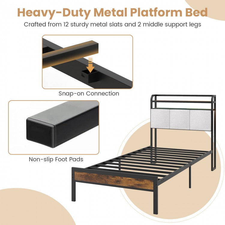 Modern Upholstered Platform Bed Frame with LED Lights, Charging Station, and Storage Headboard – Twin Size