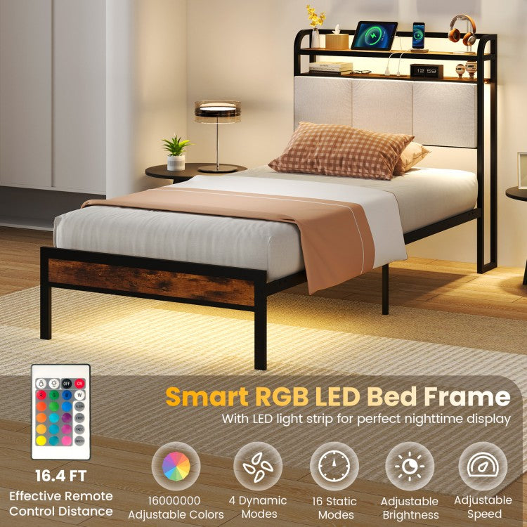 Modern Upholstered Platform Bed Frame with LED Lights, Charging Station, and Storage Headboard – Twin Size