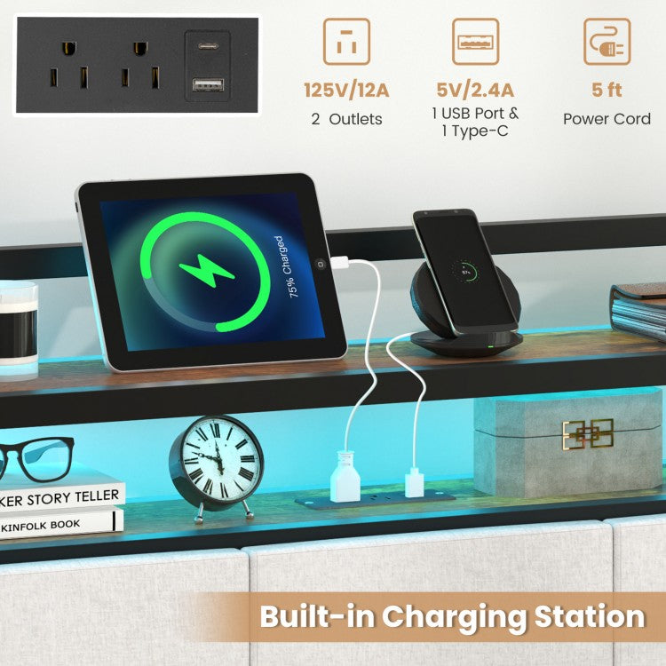 Modern Upholstered Platform Bed Frame with LED Lights, Charging Station, and Storage Headboard – Twin Size