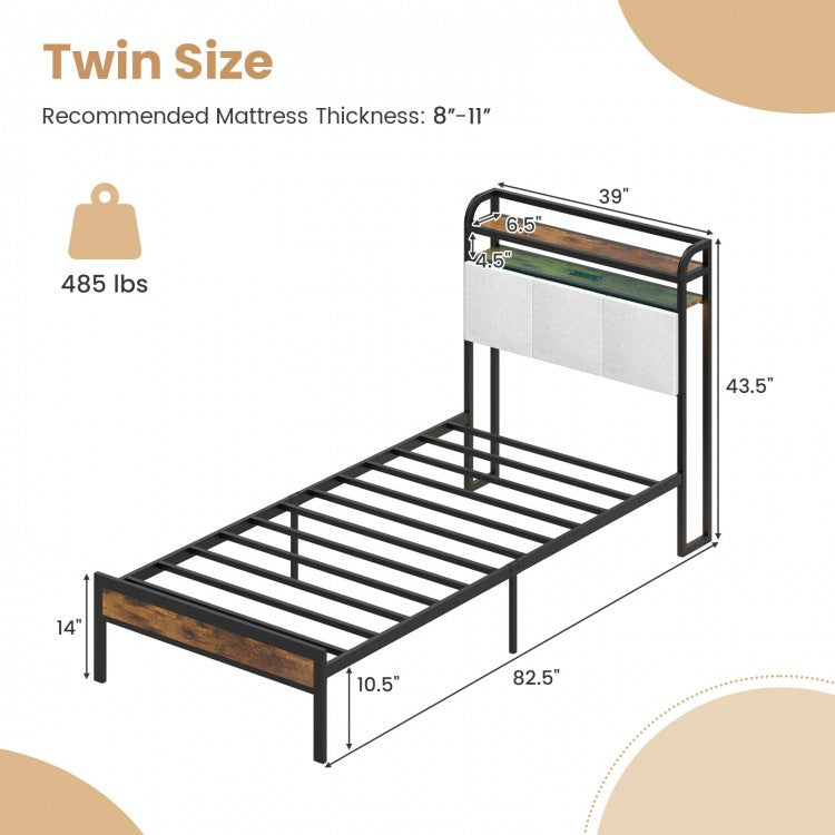Modern Upholstered Platform Bed Frame with LED Lights, Charging Station, and Storage Headboard – Twin Size