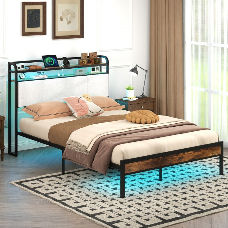 Modern Upholstered Platform Bed Frame with LED Lights, Charging Station, and Storage Headboard – Full Size