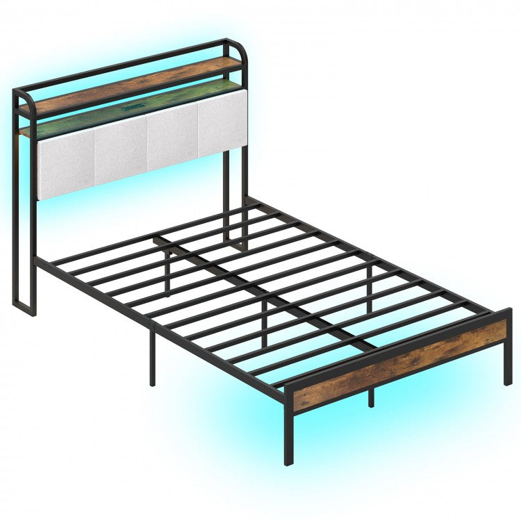 Modern Upholstered Platform Bed Frame with LED Lights, Charging Station, and Storage Headboard – Full Size