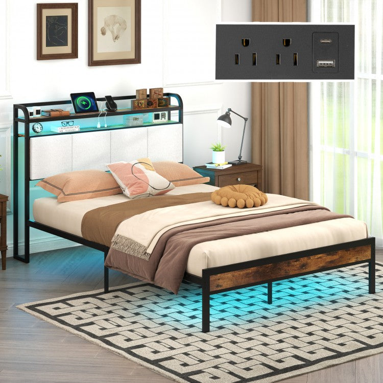 Modern Upholstered Platform Bed Frame with LED Lights, Charging Station, and Storage Headboard – Full Size