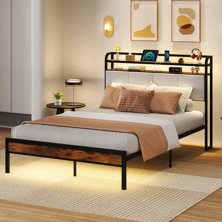 Modern Upholstered Platform Bed Frame with LED Lights, Charging Station, and Storage Headboard – Full Size