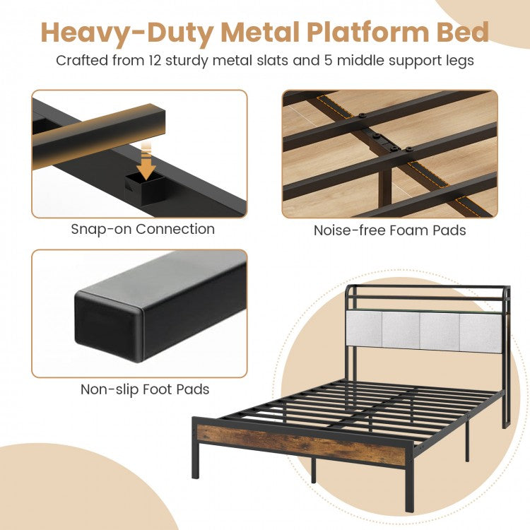 Modern Upholstered Platform Bed Frame with LED Lights, Charging Station, and Storage Headboard – Full Size