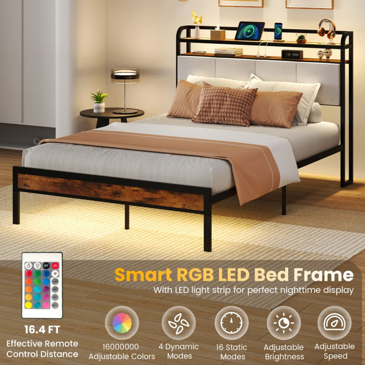 Modern Upholstered Platform Bed Frame with LED Lights, Charging Station, and Storage Headboard – Full Size