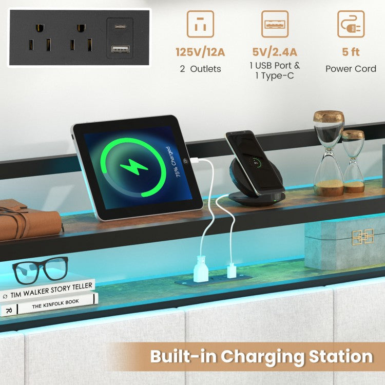 Modern Upholstered Platform Bed Frame with LED Lights, Charging Station, and Storage Headboard – Full Size