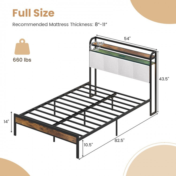 Modern Upholstered Platform Bed Frame with LED Lights, Charging Station, and Storage Headboard – Full Size