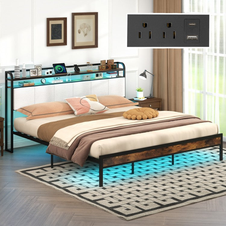 Modern Upholstered Platform Bed Frame with LED Lights, Charging Station, and Storage Headboard – King Size
