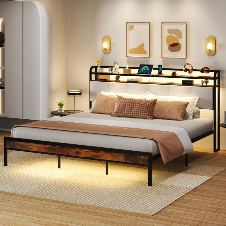 Modern Upholstered Platform Bed Frame with LED Lights, Charging Station, and Storage Headboard – King Size