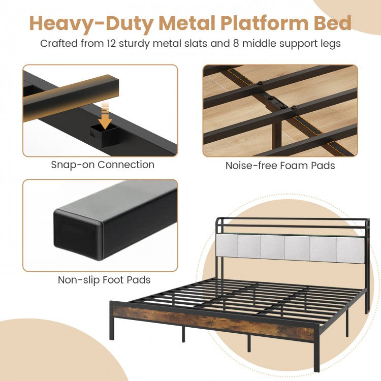 Modern Upholstered Platform Bed Frame with LED Lights, Charging Station, and Storage Headboard – King Size