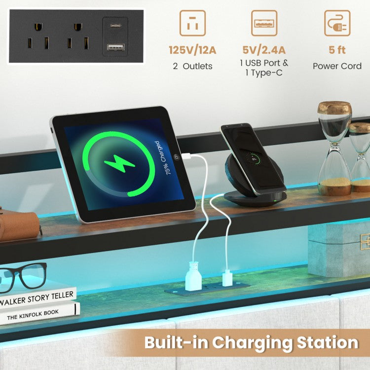 Modern Upholstered Platform Bed Frame with LED Lights, Charging Station, and Storage Headboard – King Size