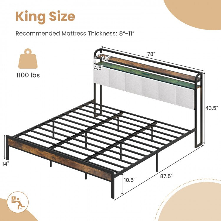 Modern Upholstered Platform Bed Frame with LED Lights, Charging Station, and Storage Headboard – King Size