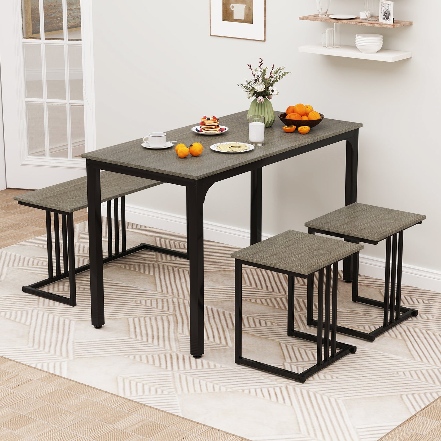 4 Piece Industrial Dining Table Set with Storage Bench and 2 Stools in Oak Wood Finish
