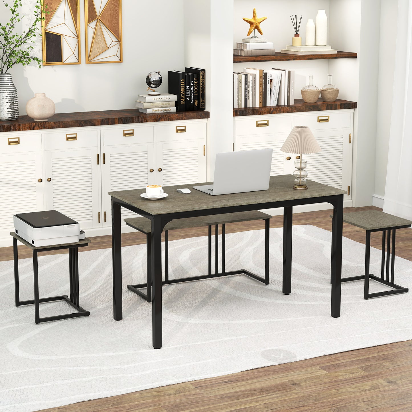 4 Piece Industrial Dining Table Set with Storage Bench and 2 Stools in Oak Wood Finish