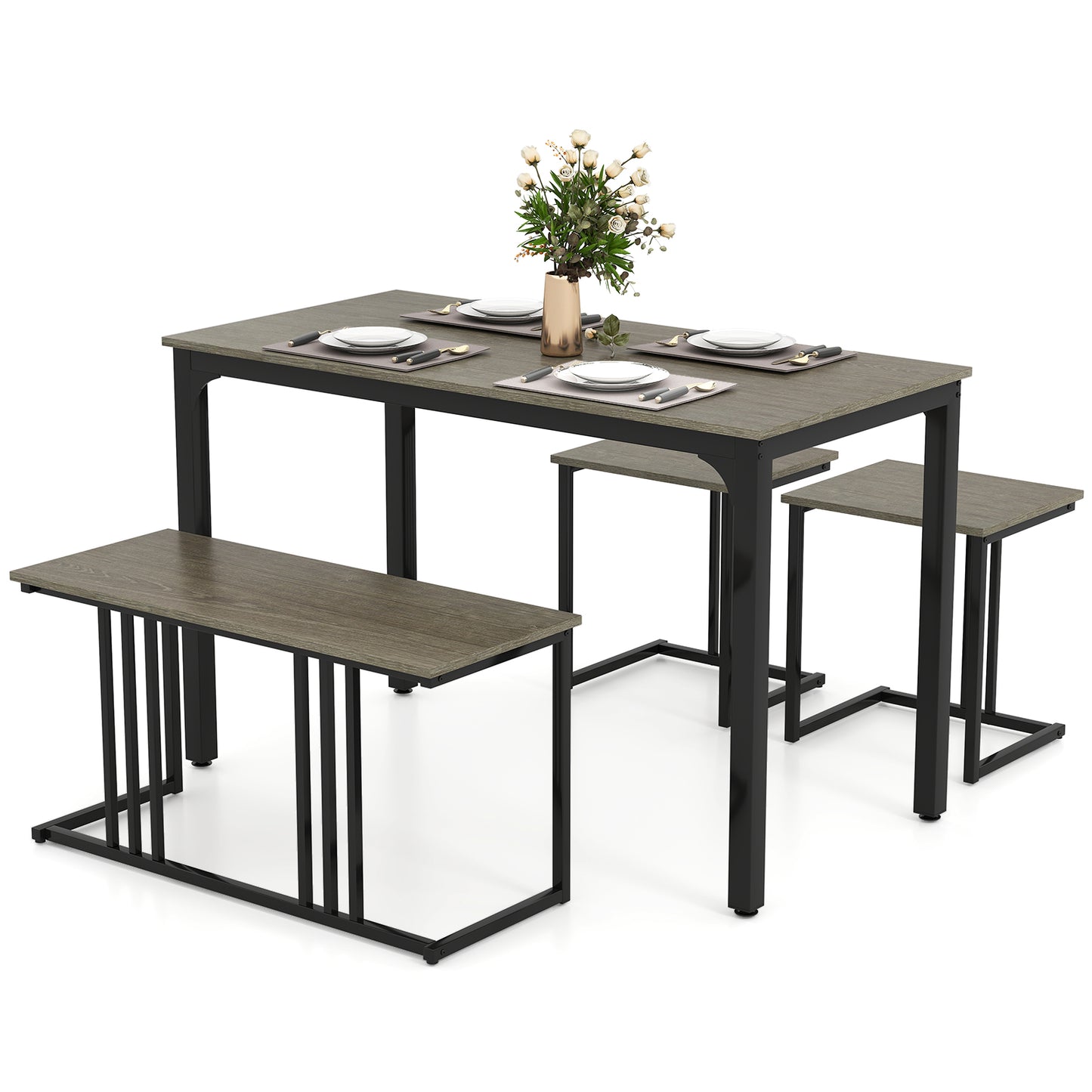 4 Piece Industrial Dining Table Set with Storage Bench and 2 Stools in Oak Wood Finish