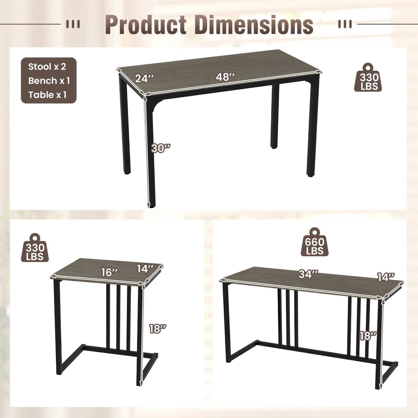 4 Piece Industrial Dining Table Set with Storage Bench and 2 Stools in Oak Wood Finish