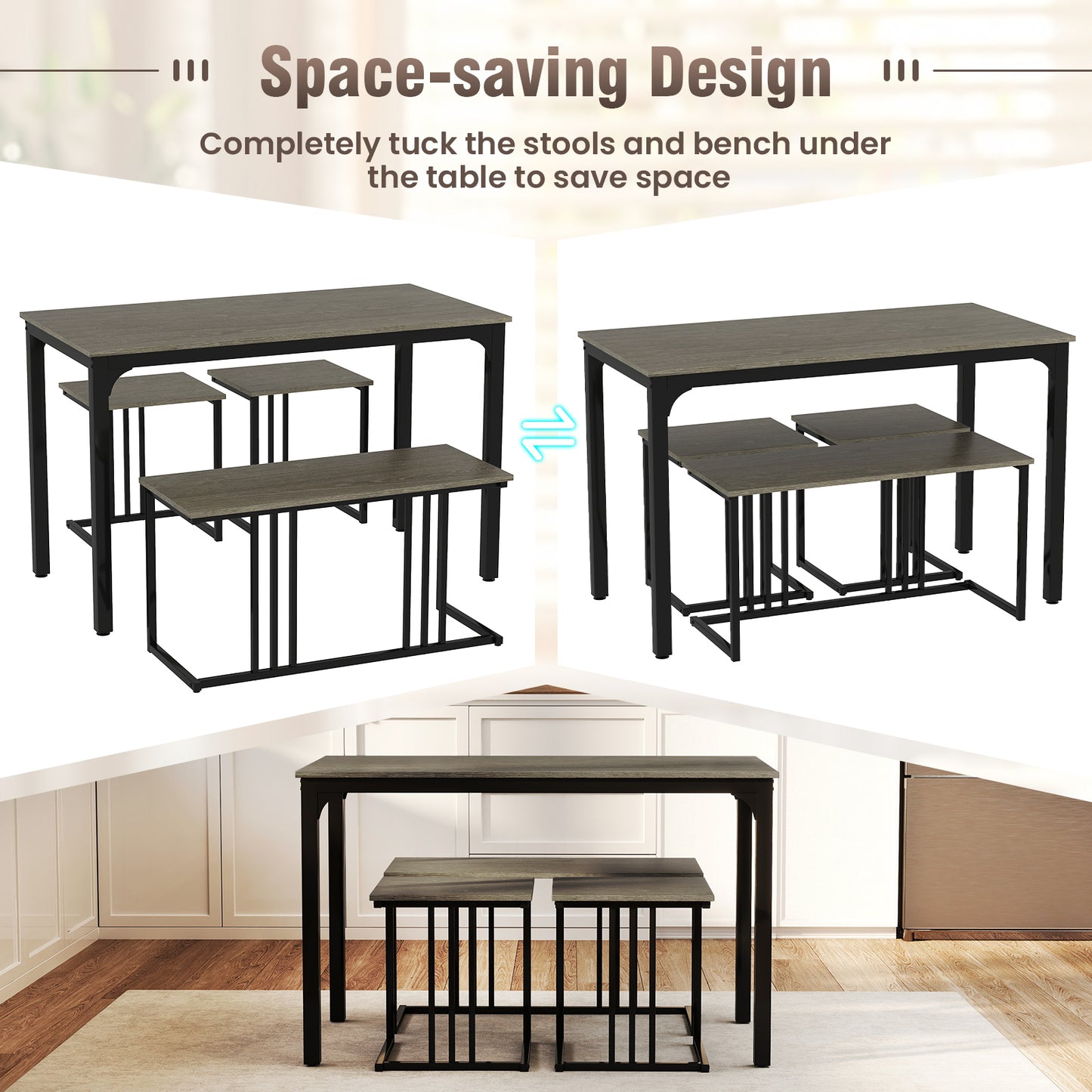 4 Piece Industrial Dining Table Set with Storage Bench and 2 Stools in Oak Wood Finish