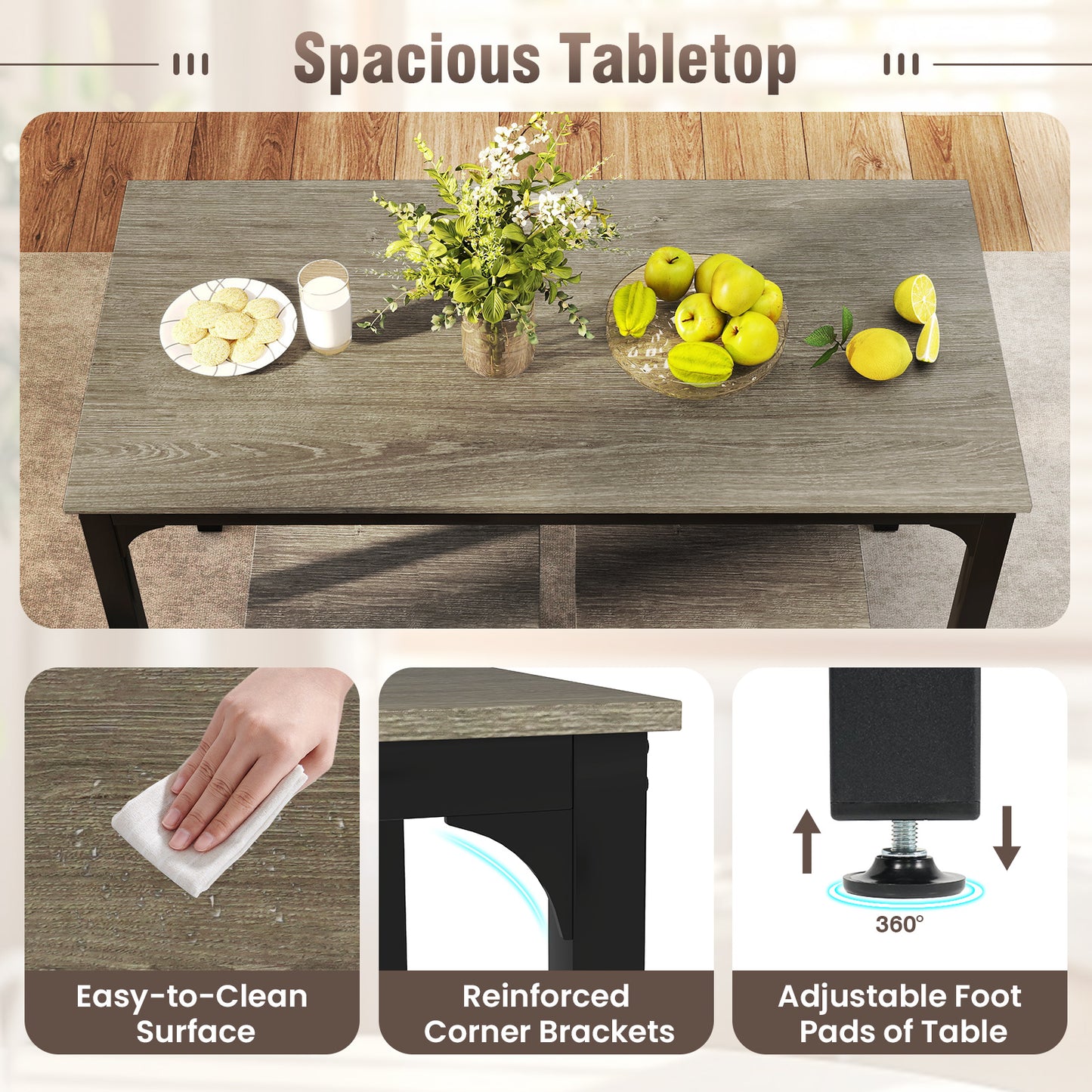 4 Piece Industrial Dining Table Set with Storage Bench and 2 Stools in Oak Wood Finish