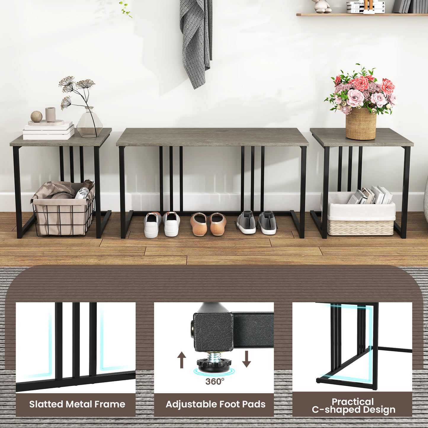 4 Piece Industrial Dining Table Set with Storage Bench and 2 Stools in Oak Wood Finish