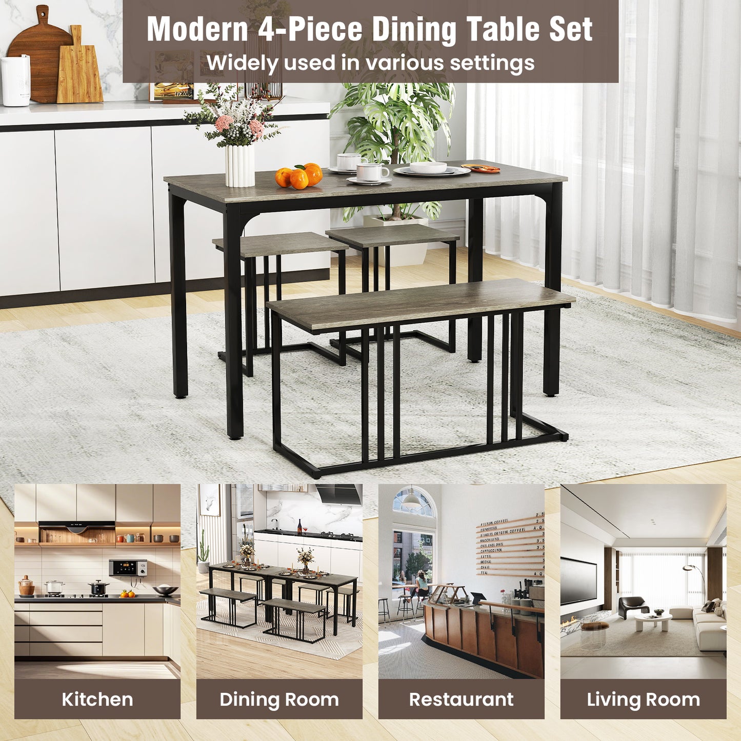 4 Piece Industrial Dining Table Set with Storage Bench and 2 Stools in Oak Wood Finish