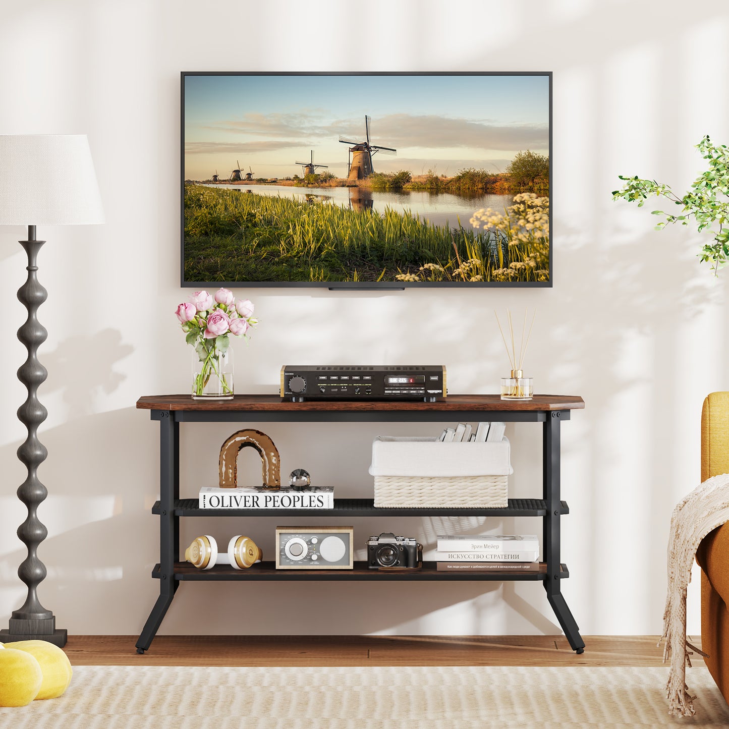 Rustic TV Stand with Metal Frame and Storage for TVs up to 46 Inches