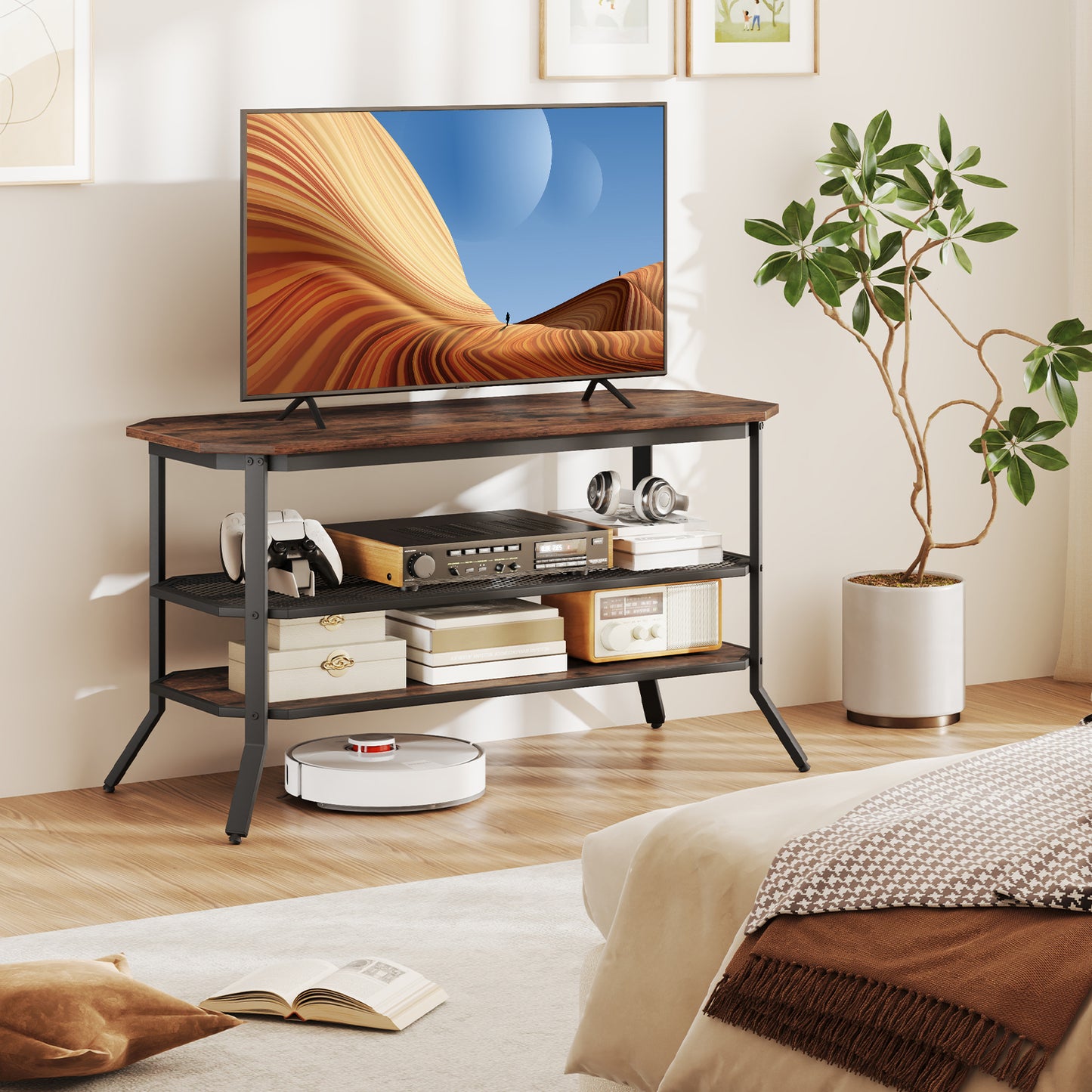 Rustic TV Stand with Metal Frame and Storage for TVs up to 46 Inches