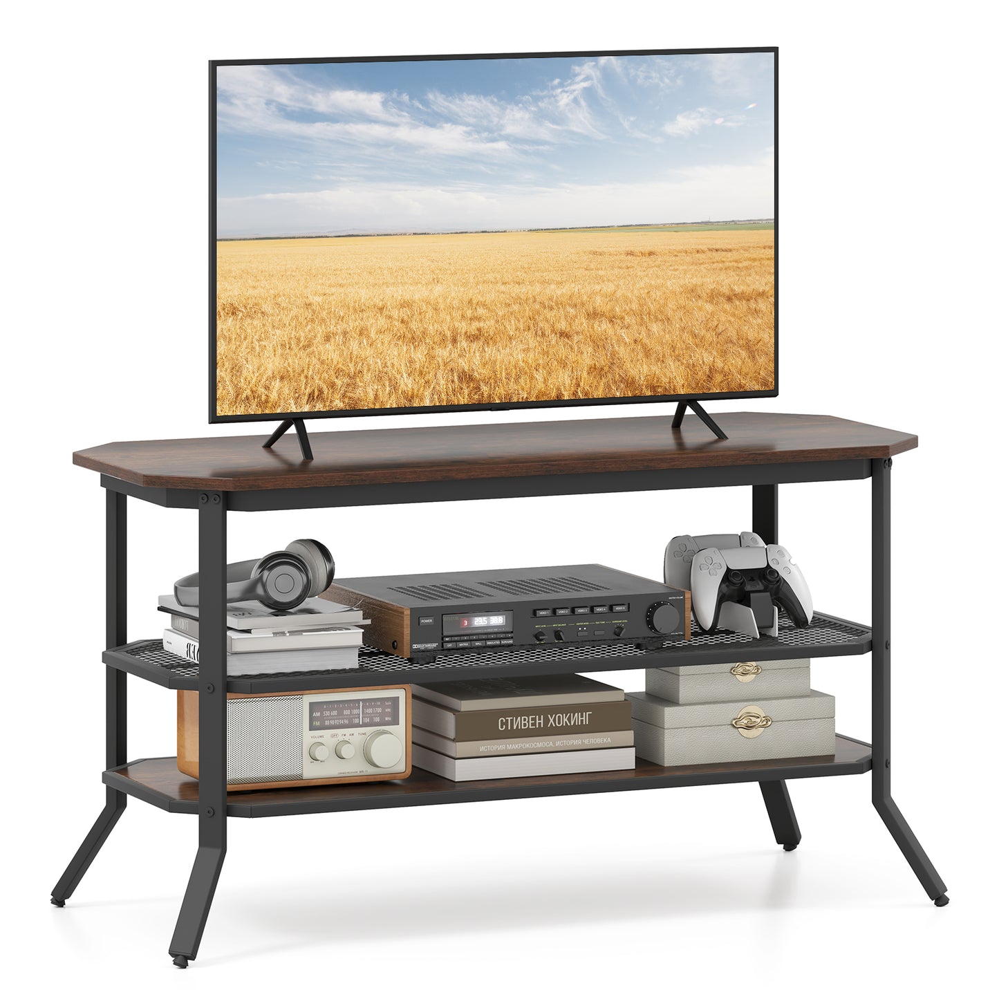 Rustic TV Stand with Metal Frame and Storage for TVs up to 46 Inches